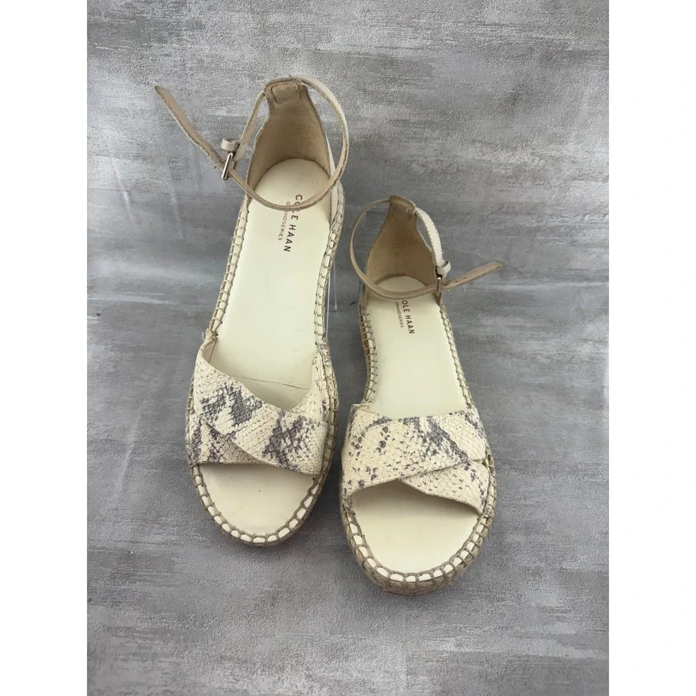 Cole Haan Grand Snake Print Espadrille Wedge Sandals Beige W17079 Women Sz 7.5